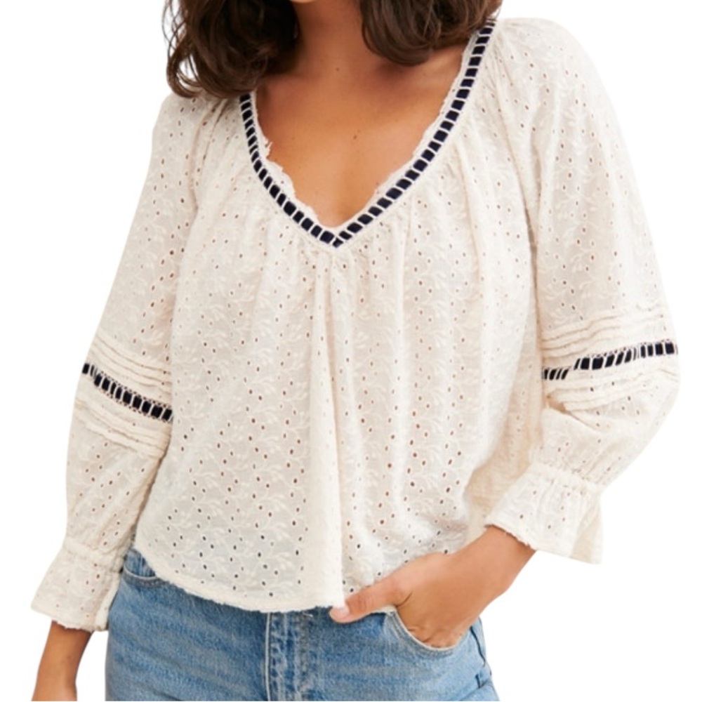 Free People Cream and Black Eyelet Blouse